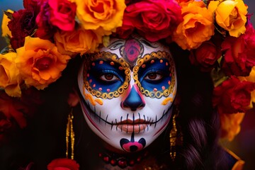 Beautiful portrait of Mexican catrina with Sugar skull makeup Celebration of Day of the Dead in Mexico Dia de los muertos 