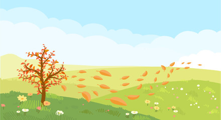 Illustration of an Autumn Tree with Falling Leaves on a Hill