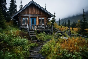 Fototapeta na wymiar Rustic Alaskan cabin amidst wilderness. Generative AI