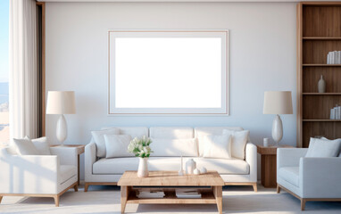 Fototapeta na wymiar Wall art mockup. Interior with blank picture frame on Wall. Living room in natural scandinavian colors. AI generative