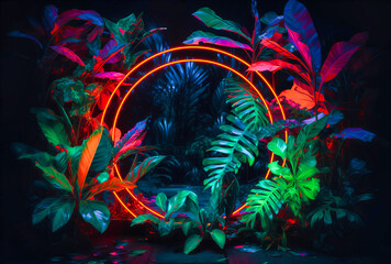 Enchanted Neon Forest: Neon Frame with Leaves