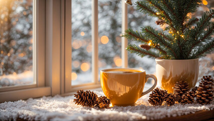cup of coffee against the background of a winter window