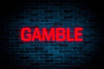 Fototapeta na wymiar Gamble text neon banner on brick wall background.