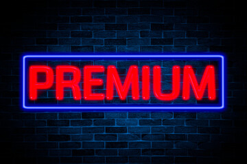 Premium neon banner on brick wall background.