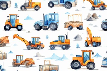 seamless watercolor pattern with construction vehicles on white background. Generative AI