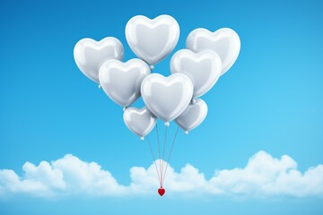 Obraz na płótnie Canvas Heart-shaped balloons floating, sky with white clouds, blue background. Generative AI