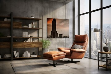 Cozy recliner in urban living space with concrete backdrop. Generative AI