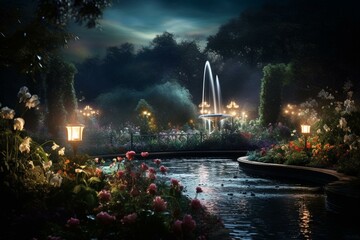 Enchanting nocturnal garden adorned with a fountain under the radiant full moon. Generative AI