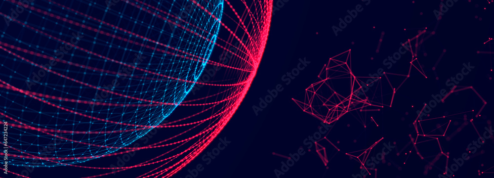 Poster Digital technology background. Abstract sphere with elements connecting dots and lines. Network connection 3d Widescreen	