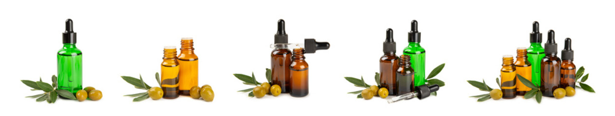 Olive essential oil. Glass bottle with olive oil isolated on a white background. Cosmetic oil.