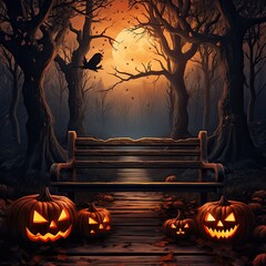 chair in the middle of a park with spooky halloween pumpkins and a big full moon