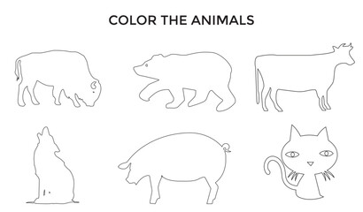 An exercise file to color the animals. Exercise for kids. A set of animals. Coloring book design. Print and color the following.
