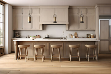 Fototapeta na wymiar spacious and modern farmhouse style kitchen. elegant kitchen with wood cabinets and flooring 