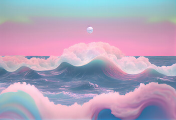 Computer generated image of a wave of water and clouds in pastel colors and pink and blue hues.
