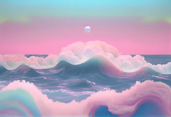 Papier Peint photo Lavable Rose  Computer generated image of a wave of water and clouds in pastel colors and pink and blue hues.