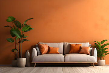 living room with a couch and a potted plant, in the style of light orange and light brown. minimalist living room.