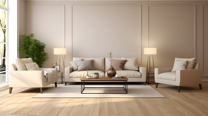 minimalist living room with beige walls. Interior design of living room