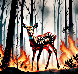 a fawn fleeing a forest fire due to global warming
