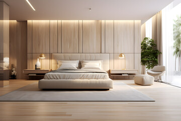 Scandinavian Style Loft Empty Bedroom Interior. master modern bedroom design. light beige