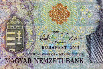 HUF cash 20,000 forint banknote, which is official currency of Hungary.