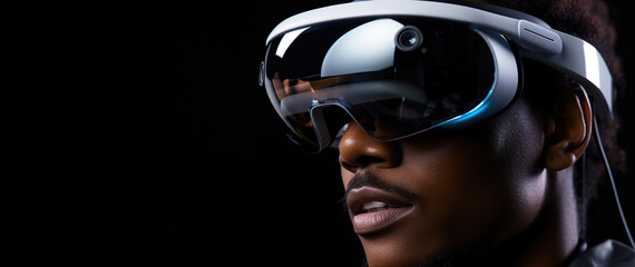 African American black male using a futuristic mixed reality XR headset. VR, AR, MR, Metaverse. - obrazy, fototapety, plakaty