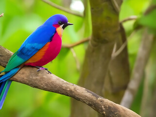 Obraz premium a colorful bird sits on a branch in the forest