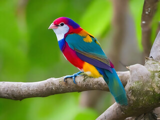 a colorful bird sits on a branch in the forest