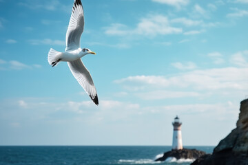 A seagull flies against the backdrop of a lighthouse on a cliff.