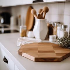 Fototapeta na wymiar A wooden slab with cooking equipment 