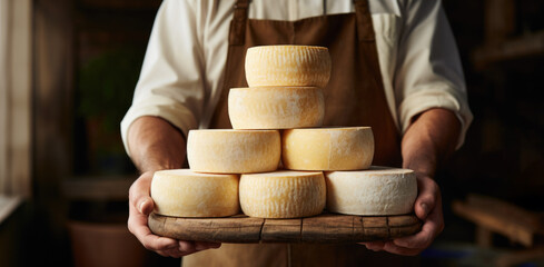 A skilled man cheese maker proudly presents his handmade cheese, a testament to his craft. A lot cheese in hands