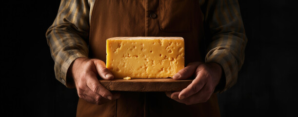 Cheese connoisseur proudly presents a wheel of his meticulously crafted cheese. cheese in hands