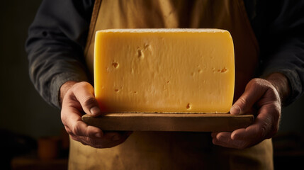 Handsome cheesemaker displays his artisanal cheese with a touch of elegance. cheese in hands