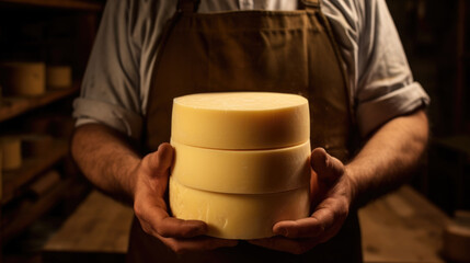 Skilled cheesemaker presents his carefully crafted cheese wheel, a symbol of his dedication to the craft. cheese in hands
