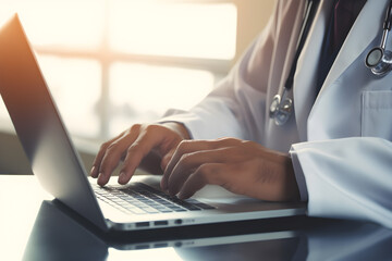 close up of a doctor using a laptop. doctor typing on laptop