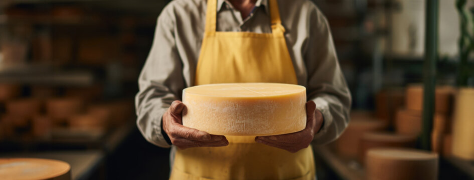 Expert cheesemaker displays a beautifully crafted cheese wheel with confidence. cheese in hands