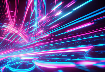Abstract futuristic background with pink blue glowing neon moving high speed wave lines and bokeh lights.