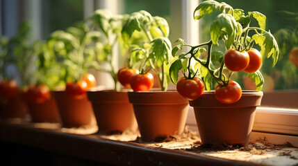 Cherry tomatoes trees planted on brown pots. cherry tomatoes growing in small brown pots