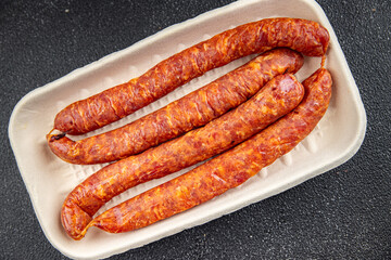 sausage smoked meat beef fresh appetizer meal food snack on the table copy space food background rustic top view