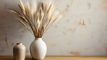 Aged wooden table, vase with pampas grass and blank frame against beige venetian stucco wall. Boho, ethnic home interior design of modern living room