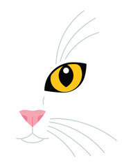 Cats face silhouette. Feline head - yellow eye, ear, pink nose, long whiskers. Abstract pet portrait, front view. Minimalist vector illustration. Isolated