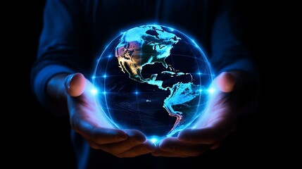 Hand holding touching glowing blue earth hologram on dark black background. Business and innovative technology concept. Modern tech and metaverse theme. People futuristic worldwide business networking