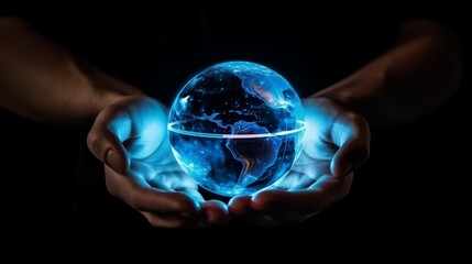 Hand holding touching glowing blue earth hologram on dark black background. Business and innovative technology concept. Modern tech and metaverse theme. People futuristic worldwide business networking