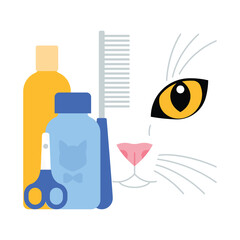 Cat treatment concept. shampoo, hair comb, nail scissors, vitamins for pets. Silhouette of a cat's face. Minimalist vector illustration. For pet shop, grooming services, cats salon.