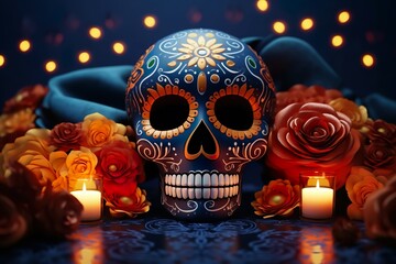  Mexican skull skeleton head dia de los muertos day of the dead skull decorated with candles and flowers