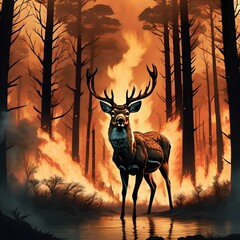 a deer fleeing a forest fire due to global warming
