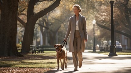 Elegant mature woman, showcasing her grace while walking her dog, set in a city park
