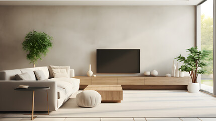 Beige corner sofa against tv unit. Interior design of modern living room