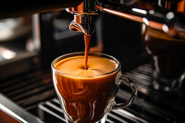Closeup of an espresso coffee shot being brewed from an espresso machine on a dark background
