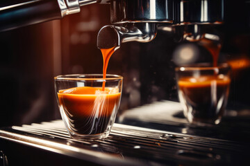 Closeup of an espresso coffee shot being brewed from an espresso machine on a dark background - obrazy, fototapety, plakaty