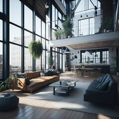 Modern Living Room Interior Of Penthouse Loft, Large Windows, Stairs To Second Floor, Sofa and Armchairs, City View, Generative AI